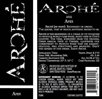 Apex 2022 wine label